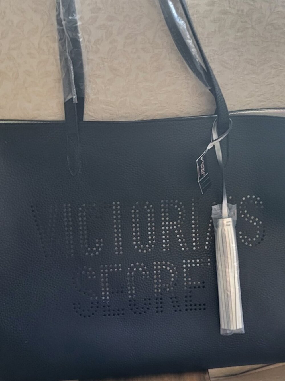 Victoria's Secret Tote Bag Black Silver Tassle Weekender NWT